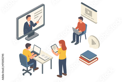 Isometric online education concept. Students learning remotely via video conference. Teacher conducting virtual class. E-learning, webinar, and online training course illustration.