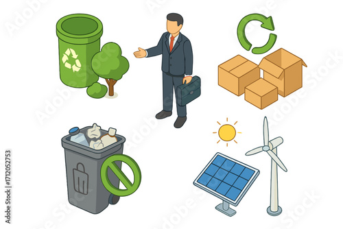 Sustainability isometric illustration showing business efforts to reduce waste, promote recycling, reuse products, solar energy, and wind power for eco-friendly practices