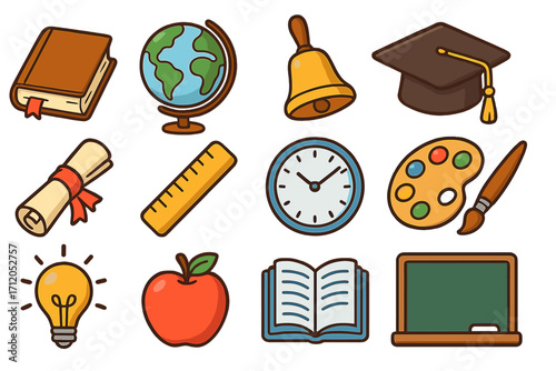 School education icon set. Back to school cartoon vector collection. Knowledge, learning symbols. Globe, book, diploma, graduation cap, apple, blackboard, lightbulb idea.