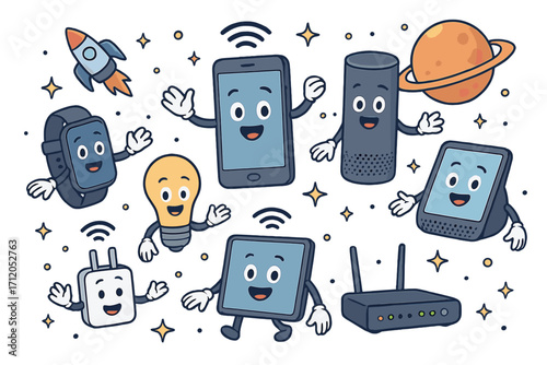 Internet of Things characters. Cute smart home device mascots. Cartoon smartphone, watch, speaker, router, plug. Wireless technology, connectivity, automation concept vector set.