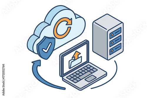 Data backup and recovery isometric concept. Cloud storage server synchronization. Secure information transfer. Database hosting service. Network technology vector illustration.