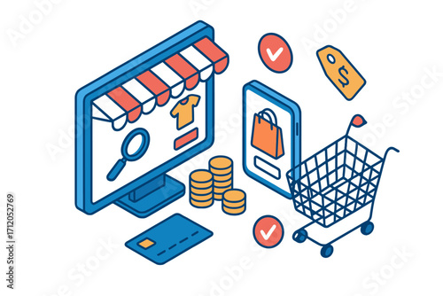 Isometric online shopping concept. E-commerce vector illustration. Computer screen internet store, smartphone app, shopping cart, credit card and money for digital marketing.