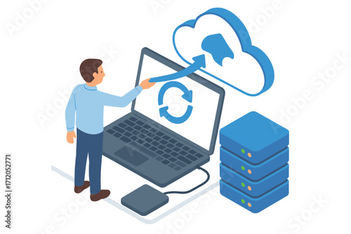 Man backups data from laptop to cloud server. Isometric vector illustration. Cloud computing, data storage, and web hosting concept. Database synchronization technology.