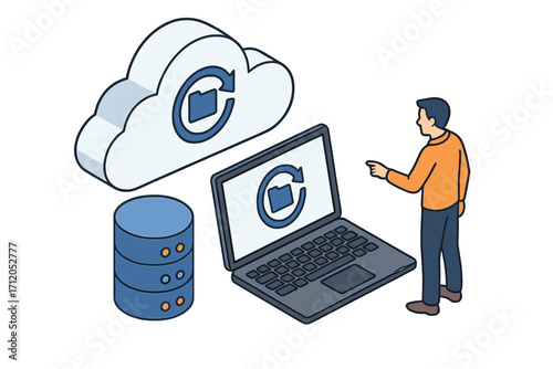 Data backup and recovery isometric concept. Cloud computing storage service. Man synchronizing files between laptop, database server and cloud. Vector cartoon illustration.