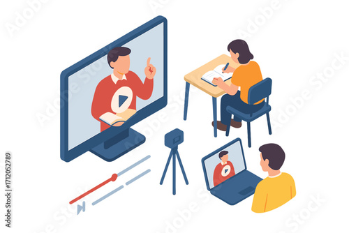 Online education, e-learning webinar concept. Student watching video lesson, tutorial from teacher. Distance learning, remote work, or business training. Isometric vector illustration.