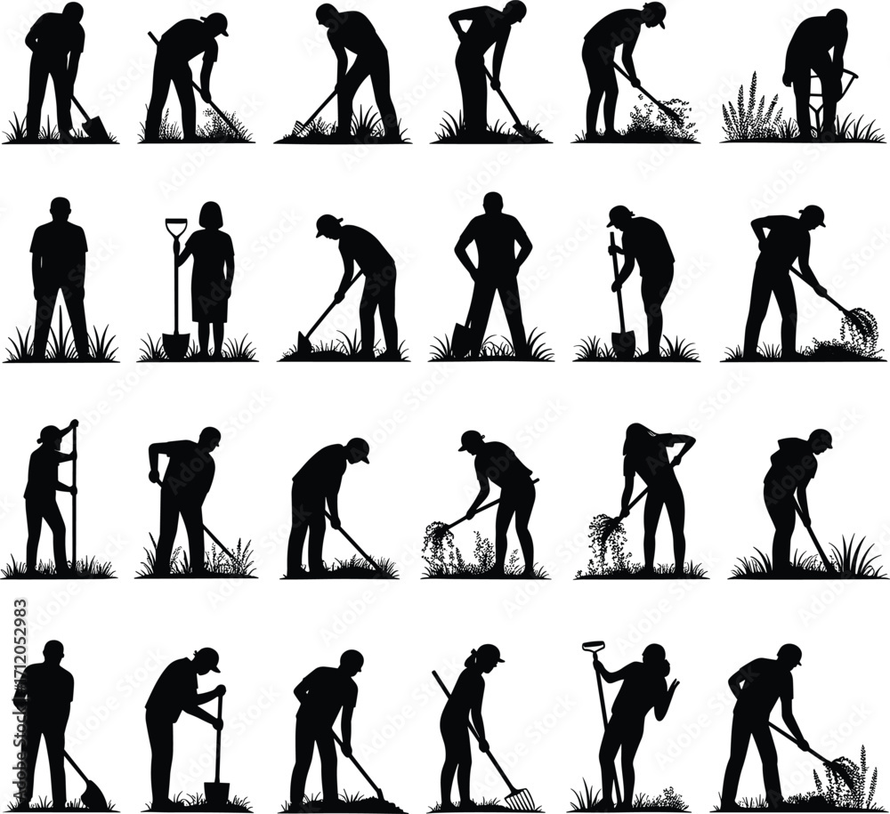 Obraz premium Silhouette people gardening with tools, planting, watering, digging, raking, outdoor work, agriculture, farming, horticulture, teamwork, nature, lifestyle, environment, growth, 