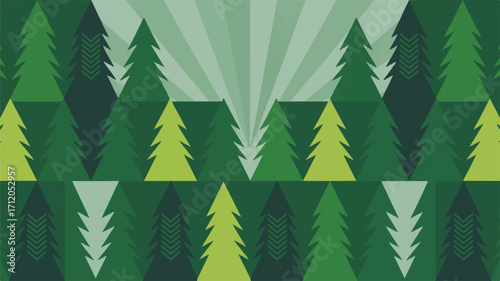 Seamless Pattern of Stylized Green Christmas Trees with Sunburst Background vector illustration
