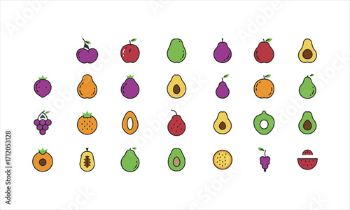 Vibrant flat fruit icons for healthy lifestyle and food design projects
