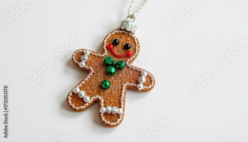a beaded christmas ornament in gingerbread man form, decorated in forest green and silver, rendered on pure white with soft clarity.