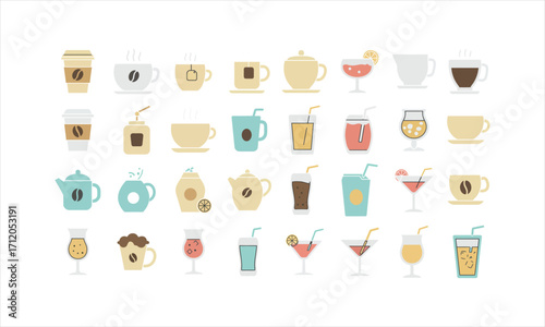 Vibrant modern icons showcase diverse coffee tea and cocktail drinks for beverage promotions