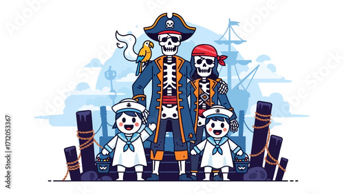 Pirate Family Adventure: A spirited family of pirates, with their comical skeletons, sets sail for a day of swashbuckling fun. The crew includes a stern captain, a cheeky first mate.