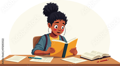 Cartoon Girl Studying at a Desk