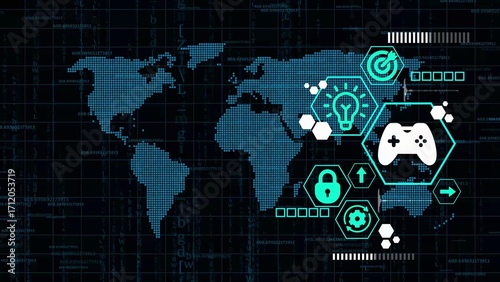 Blue Digital World Map With Gaming And Technology Icons And Data network global