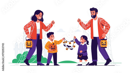 Family Fun: A lively family gears up for a festive Halloween adventure, with parents and children alike beaming with joy as they prepare for trick-or-treating.