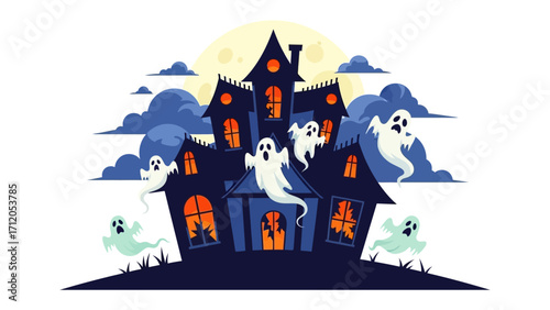 Spooky Mansion: A spooky mansion shrouded in an ominous night scene, decorated with cartoon ghost and full moon, perfect for evoking thrills and chills.