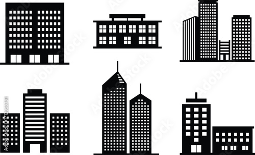 Urban building silhouettes collection, modern skyscrapers, city architecture icons, high‑rise towers, office blocks, skyline illustration, real estate, construction, metropolitan design