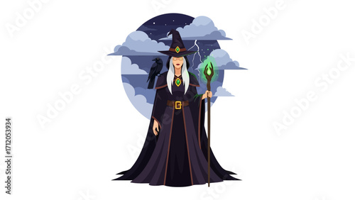 Witch in the Night: A striking illustration of a witch, cloaked in flowing black attire, conjures an air of mystery and magic. With a raven perched on her shoulder and a mystical staff in hand.