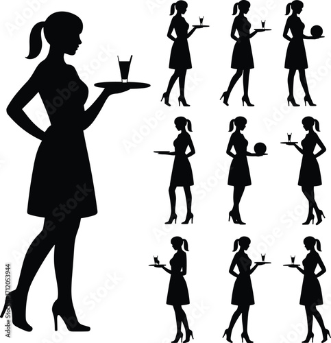 Waitress silhouettes collection, serving tray poses, hospitality worker icons, restaurant service illustration, catering staff, food and drink, barmaid design