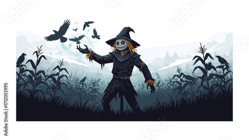 Spooky Scarecrow in a Field: A whimsical scarecrow stands guard in a field of corn, its presence evoking a sense of mystery and autumnal charm, with crows adding to the atmospheric scenery.