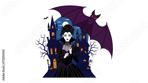 Dark Enchantress and the Spooky Castle: An enchanting illustration of a mysterious enchantress set against a haunting, gothic castle. With the dark, brooding tones.