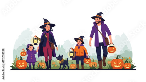 Halloween Family Outing: A family dressed in spooky costumes, accompanied by a pet dog, happily stroll through a scenic Halloween setting, carrying jack-o'-lanterns.