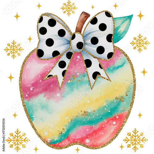 Rainbow Watercolor Apple PNG with Polka Dot Bow Teacher Sublimation Clipart Back to School