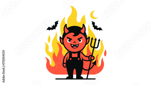 Little Devil with Trident: A cute devil in front of the fire holding a trident and bat flies overhead, embodying mischievous, devilish fun, and Halloween spirit.