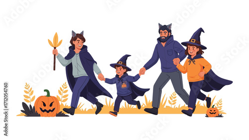 Family Halloween Adventure: A lively family, costumed in festive attire, joyfully strides into the heart of Halloween, pumpkins, ready for trick-or-treating, embracing the enchanting spirit.