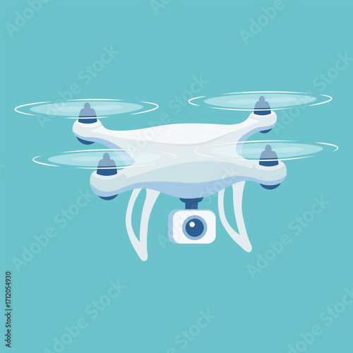 Quadcopter drone with camera isolated. Modern aerial photography technology. Flying drone illustration