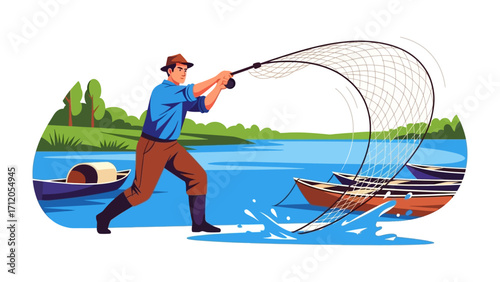 Fisherman with net casting:A determined fisherman casting fishing net with river backdrop.