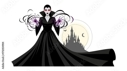 Dark Sorceress in Eerie Silhouette: This striking illustration depicts a captivating sorceress, cloaked in shadows, her presence amplified by an ominous backdrop.