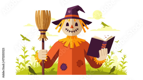 Whimsical Scarecrow Reading: A cheerful scarecrow with a straw-filled face and festive attire stands amidst a field of vibrant autumn foliage, engrossed in a book with a rustic broom at his side.