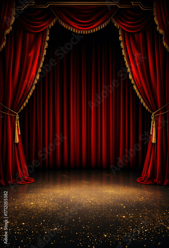 Red velvet stage curtains with golden lights in theater setting  
