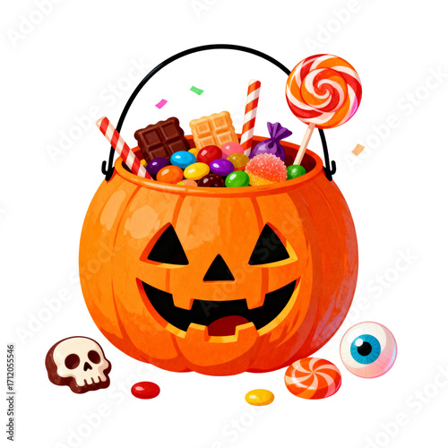 Festive Pumpkin Basket: A whimsical illustration depicts a cheerful jack-o'-lantern overflowing with an assortment of Halloween candies and treats, symbolizing the spirit of the holiday.