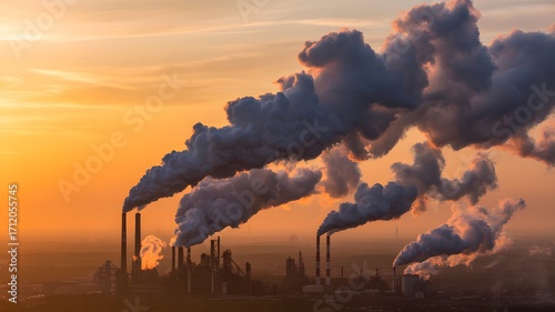 Environmental Pollution Smoke Stacks Releasing Emissions Against an Orange Sky