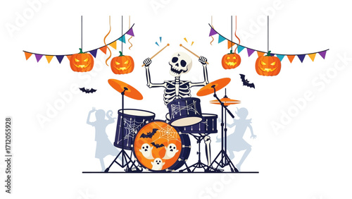 Halloween Drummer's Rhythm: An animated skeleton drummer, surrounded by festive pumpkins and bats, enthusiastically plays his drum set amidst celebratory decorations.