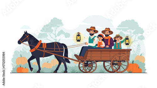 Family Carriage Ride: A cozy family embarks on a charming ride in a wooden carriage drawn by a magnificent horse, ready to explore new frontiers, with pumpkins setting a rustic mood.
