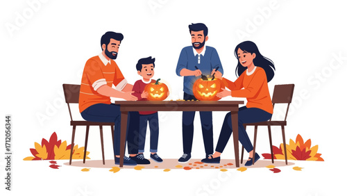Carving Together: A heartwarming scene of a family and friends, united in the festive ritual of carving jack-o'-lanterns around a rustic table. Illustrating togetherness and seasonal spirit.