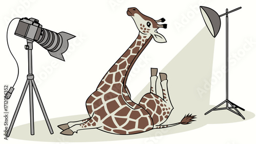 A giraffe posing for a photo shoot with studio lighting and camera equipment.
