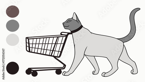 A gray cat pushing a shopping cart cute pet illustration cartoon animal character design for kids vector art printable coloring page.