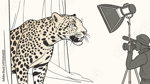 A spotted feline being photographed in a studio setting with professional lighting equipment.