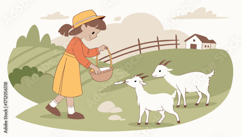 A young girl feeding goats on a farm idyllic rural scene cartoon illustration.