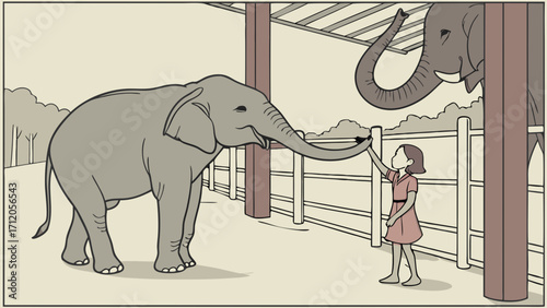 A young girl interacts with a large elephant through a fence a heartwarming illustration of animal interaction.