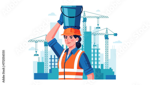 Construction Worker with Bucket: A determined female construction worker confidently balances a bucket on her head.