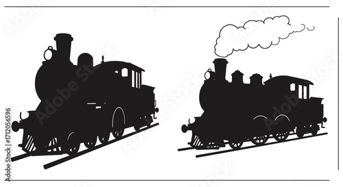 Two vintage steam locomotives depicted in black silhouette with smoke