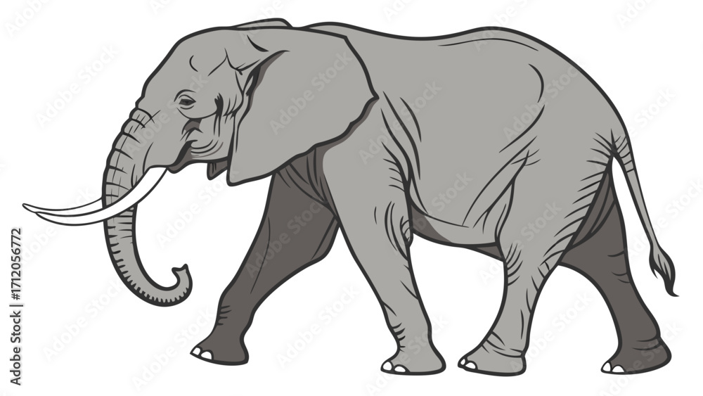 Obraz premium African Elephant Illustration Walking Animal Wildlife Graphic Grey Mammal Tusks Trunk Side Profile Vector Art.