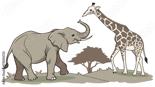 African Elephant and Giraffe Illustration Wildlife Animal Cartoon Savanna Scene Nature Clipart Kids Book Illustration.