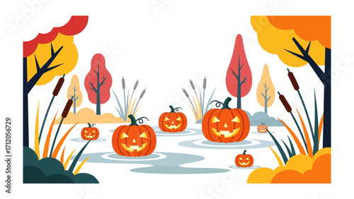 Pumpkin Patch Gathering: A vibrant illustration captures the essence of a spooky Halloween scene, with carved pumpkin lanterns floating serenely on a tranquil pond.