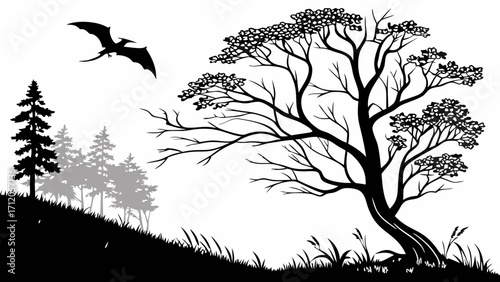 Black and White Silhouette of a Flying Reptile Over a Landscape with Trees and Grass.