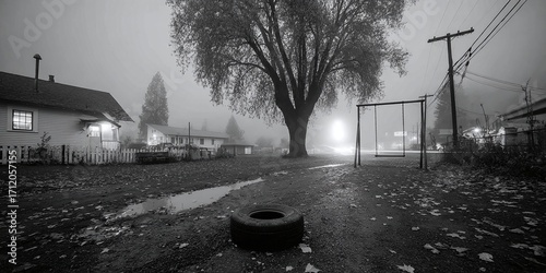 Misty morning in a quiet suburban neighborhood with a large tree and tire swing